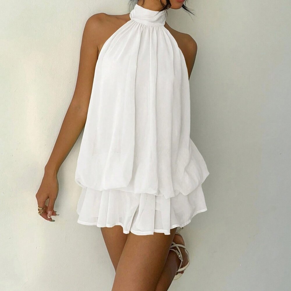 White Casual Women's Elegant Halter Tie Mini Dress - Picture 7 of 7